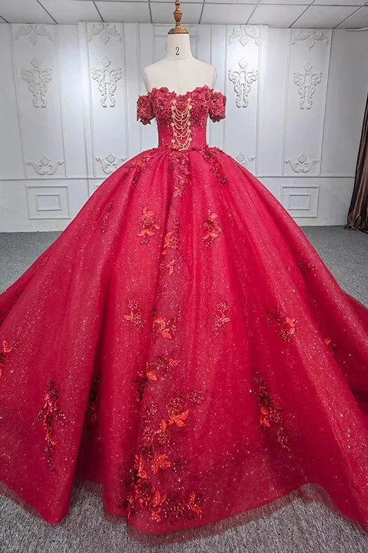 Gorgeous Red Strapless Ball Gown Appliques Lace Up Quinceanera Dresses
