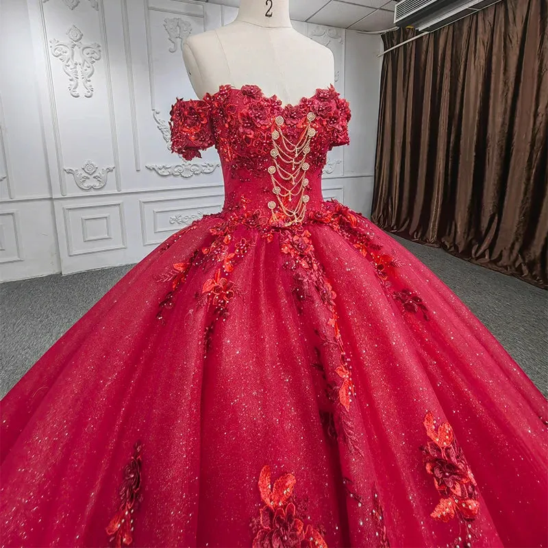Gorgeous Red Strapless Ball Gown Appliques Lace Up Quinceanera Dresses