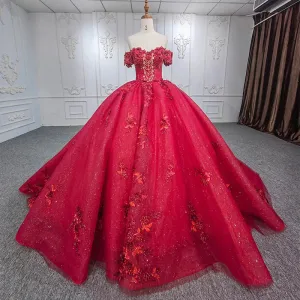 Gorgeous Red Strapless Ball Gown Appliques Lace Up Quinceanera Dresses