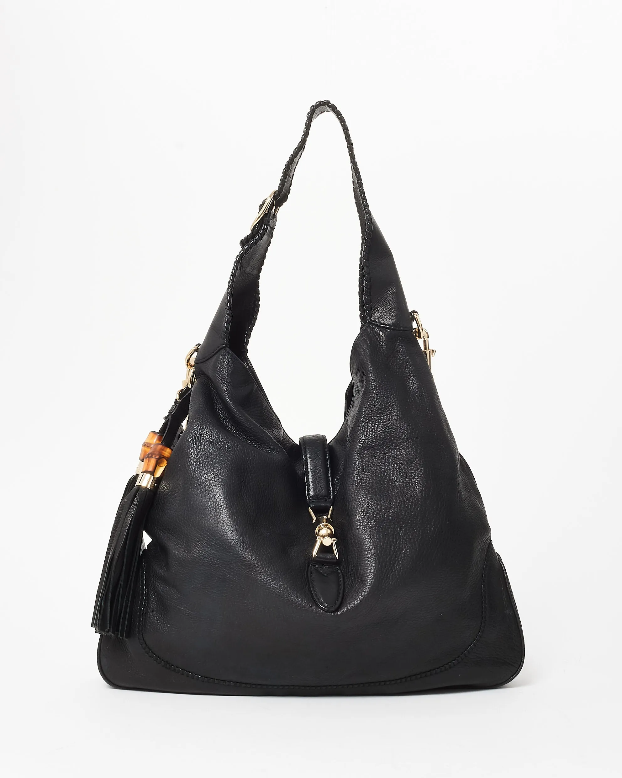 Gucci Black Leather Jackie Bamboo Hobo Tote W/Strap