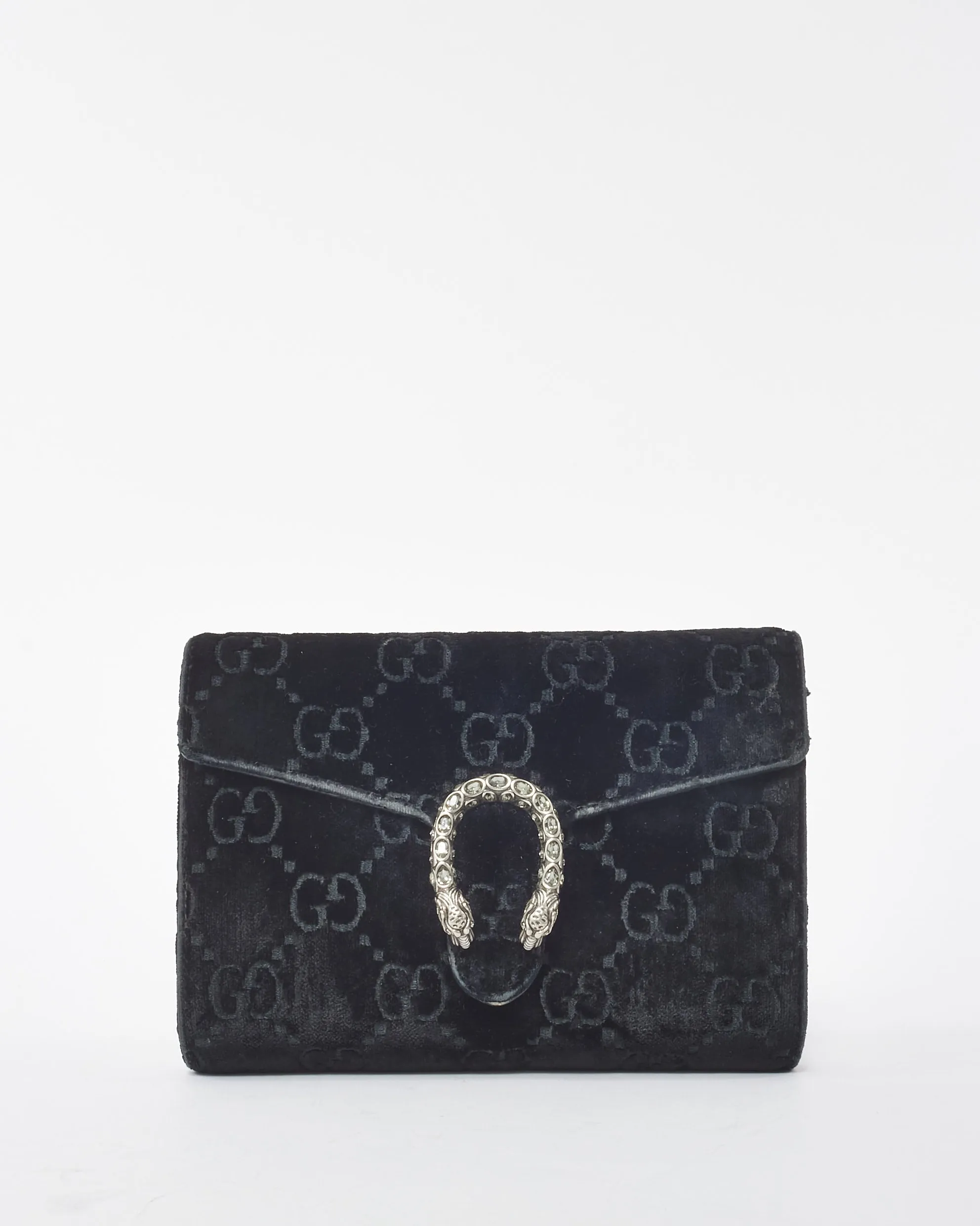 Gucci Black Velvet Monogram GG Crystal Dionysus Wallet On Chain