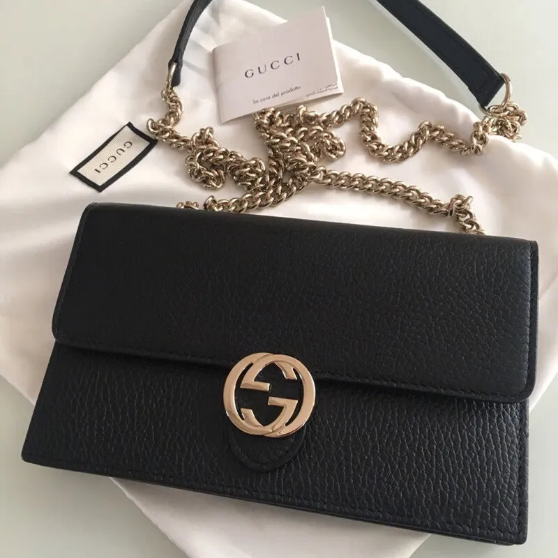 Gucci GG Black Crossbody Handbag Calf Leather Gold Chain Purse Bag Italy NEW