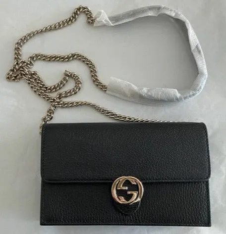 Gucci GG Black Crossbody Handbag Calf Leather Gold Chain Purse Bag Italy NEW