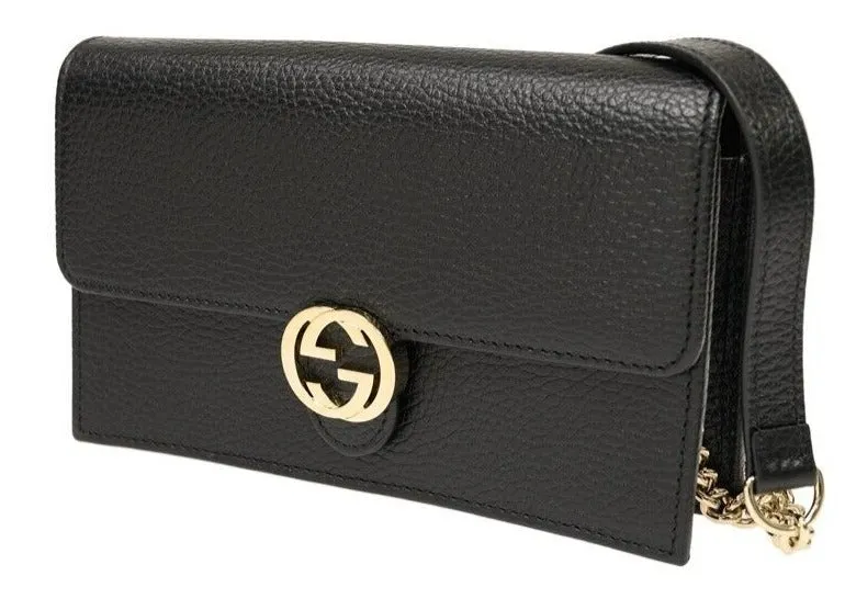 Gucci GG Black Crossbody Handbag Calf Leather Gold Chain Purse Bag Italy NEW