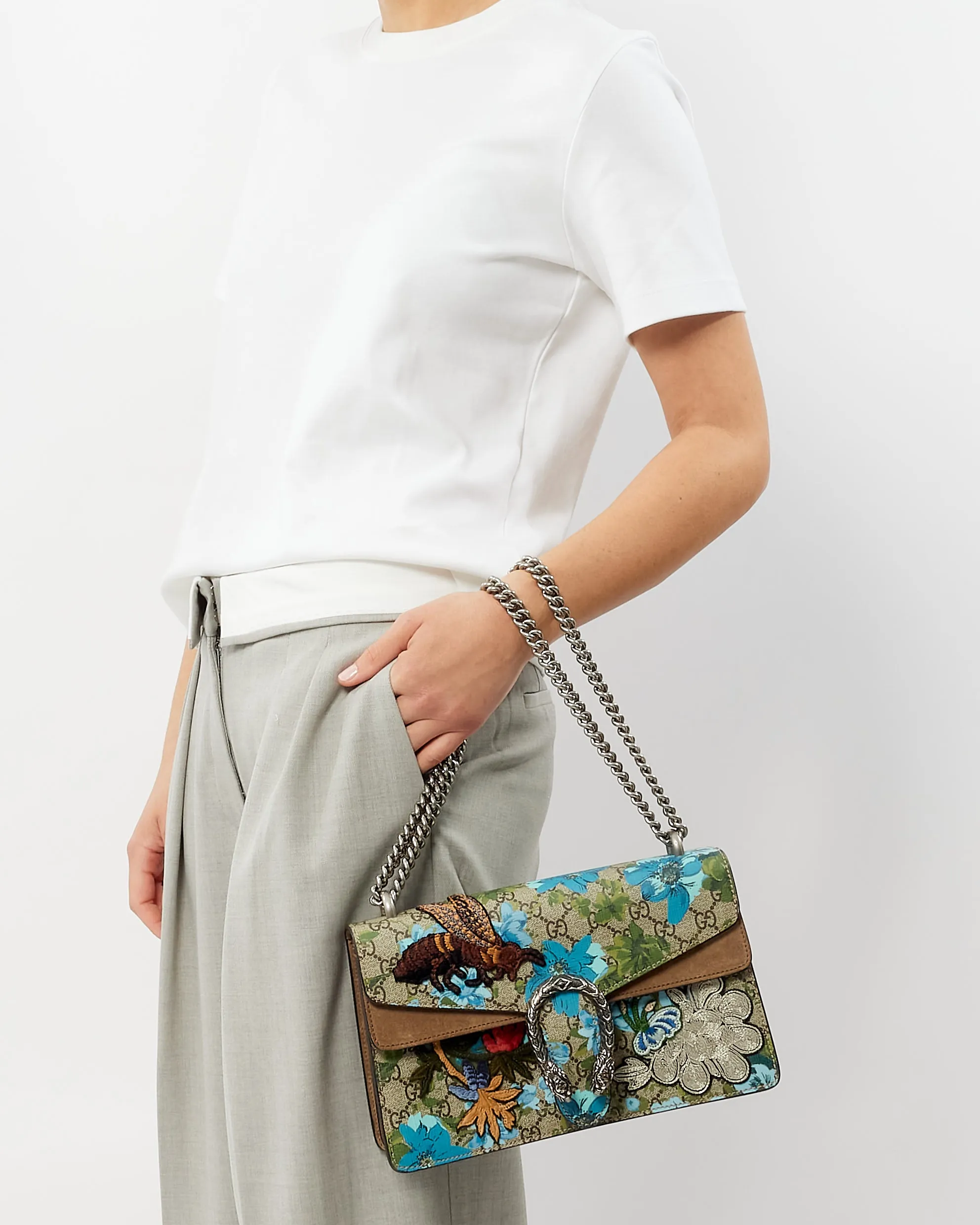 Gucci GG Supreme Monogram Blue Blooms Print Embroidered Small Dionysus Shoulder Bag