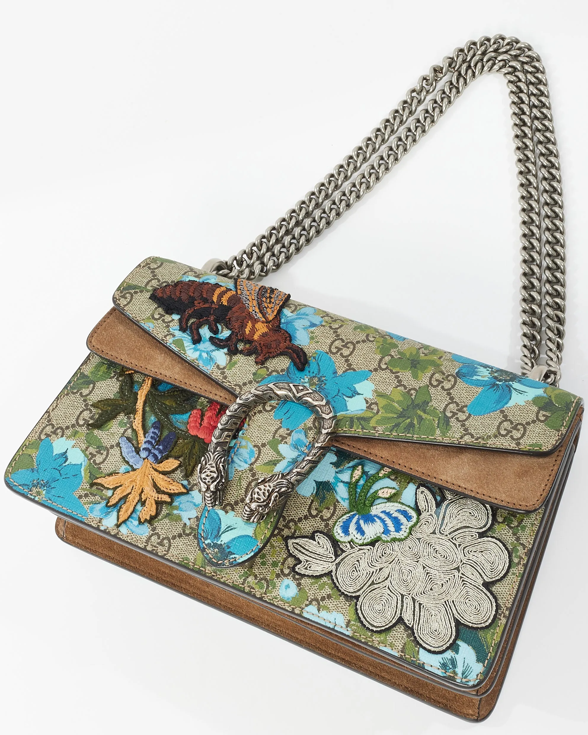 Gucci GG Supreme Monogram Blue Blooms Print Embroidered Small Dionysus Shoulder Bag