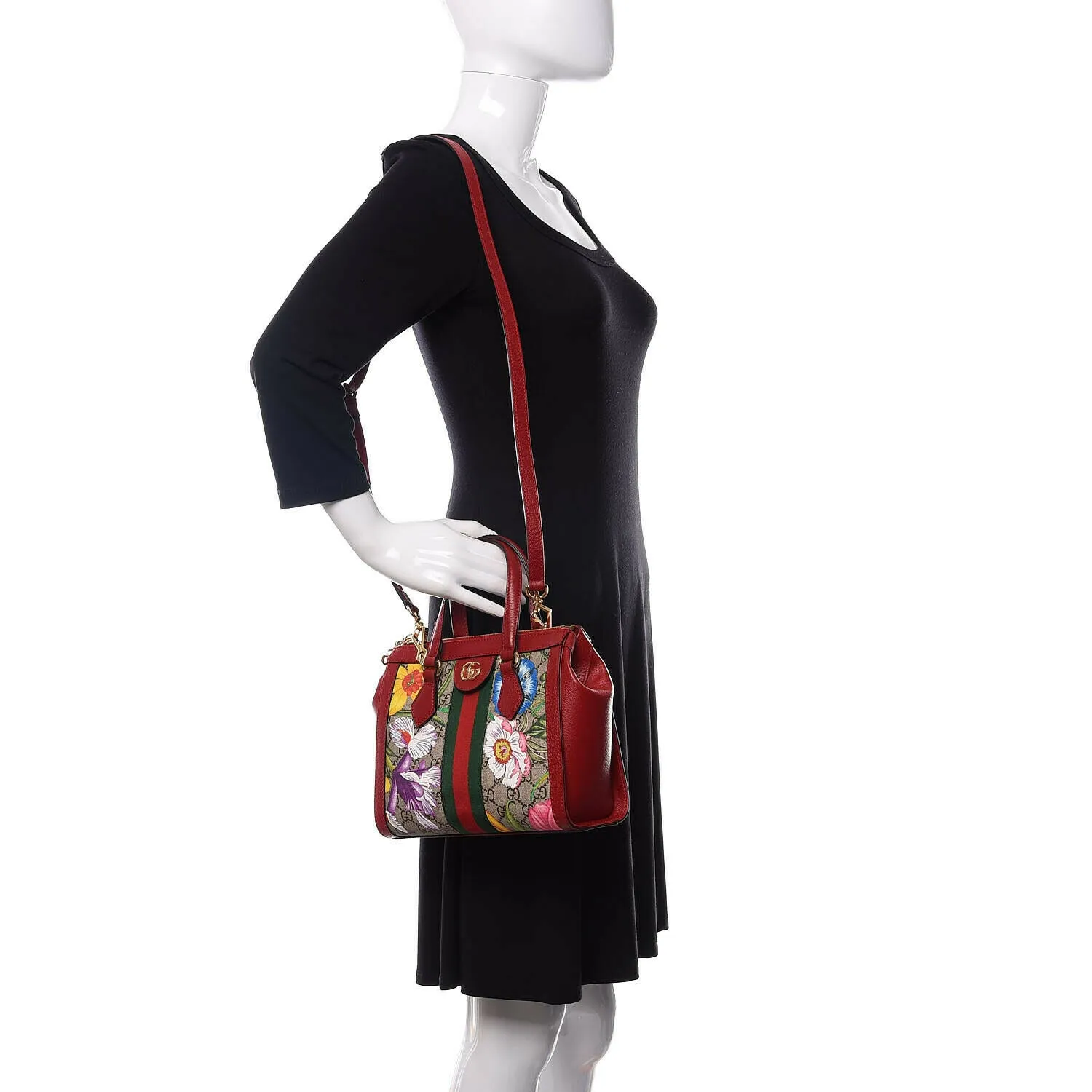 Gucci Ophidia Red Flora Small Tote GG Leather Canvas Flower Handbag Bag Italy NEW