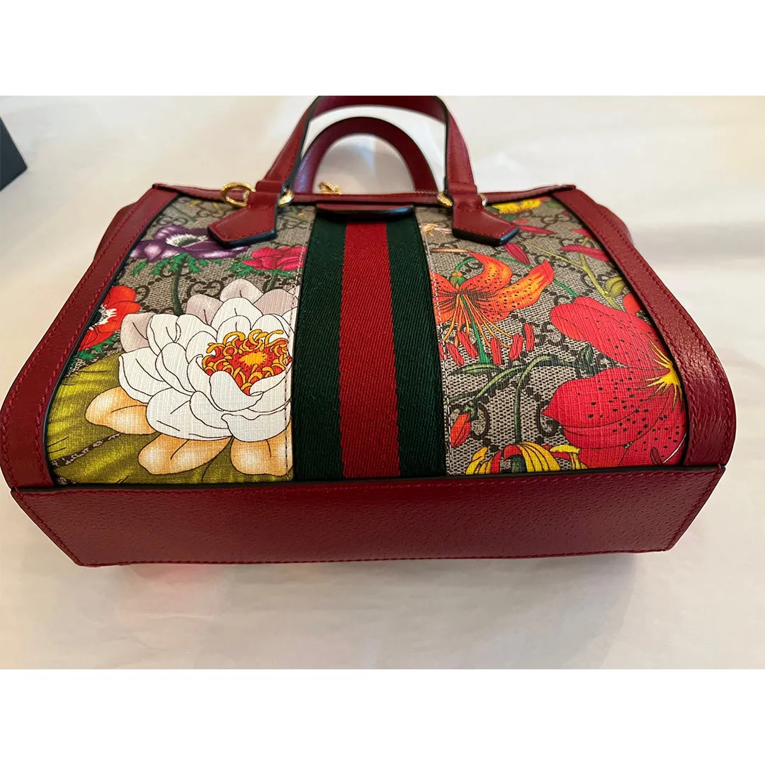 Gucci Ophidia Red Flora Small Tote GG Leather Canvas Flower Handbag Bag Italy NEW
