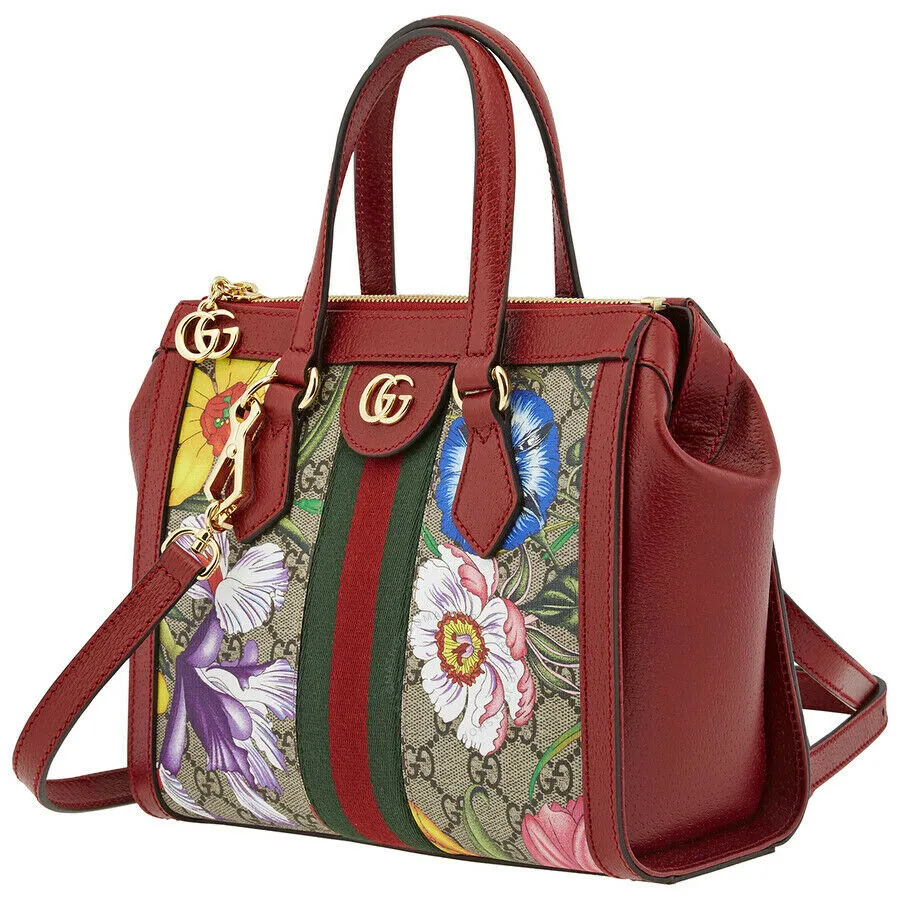 Gucci Ophidia Red Flora Small Tote GG Leather Canvas Flower Handbag Bag Italy NEW