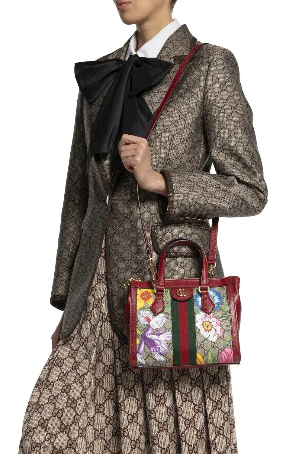 Gucci Ophidia Red Flora Small Tote GG Leather Canvas Flower Handbag Bag Italy NEW