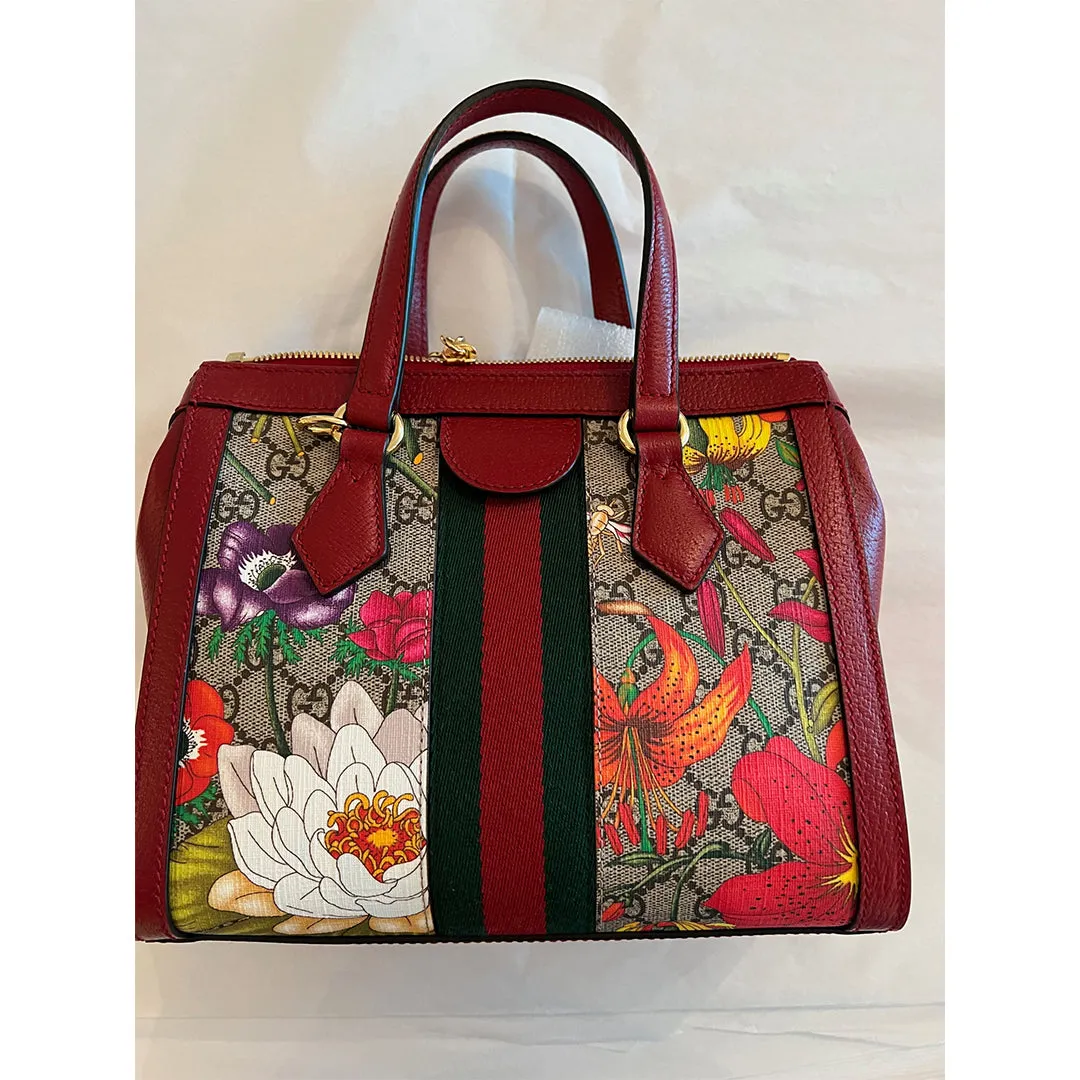 Gucci Ophidia Red Flora Small Tote GG Leather Canvas Flower Handbag Bag Italy NEW