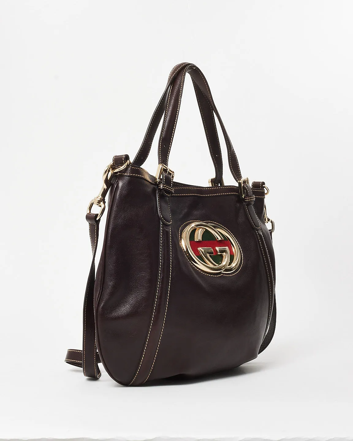 Gucci Vintage Brown Leather Silver GG Logo & Web Shoulder Bag W/ Strap
