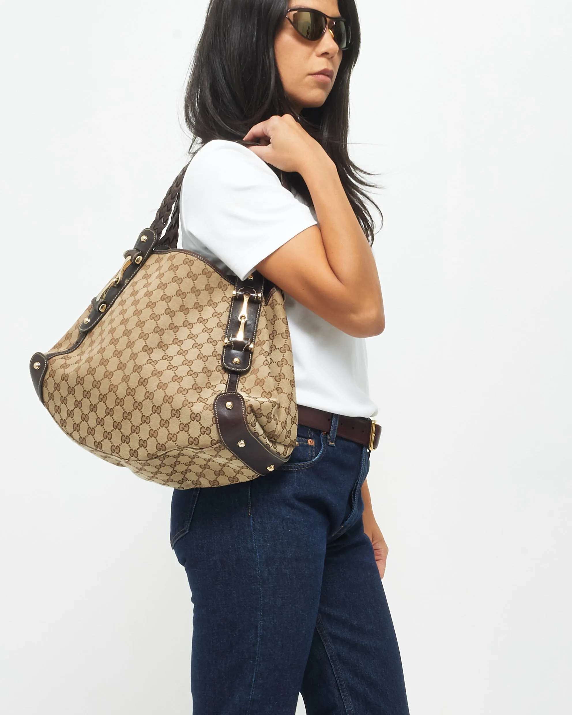 Gucci Vintage Brown Monogram Canvas & Horsebit Hobo Bag