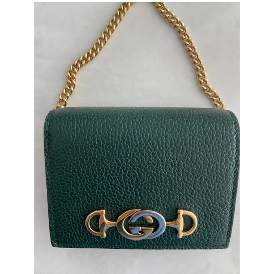 Gucci Zumi Chain Mini Bag Vintage Green Leather Card Case Gold Italy Handbag NEW