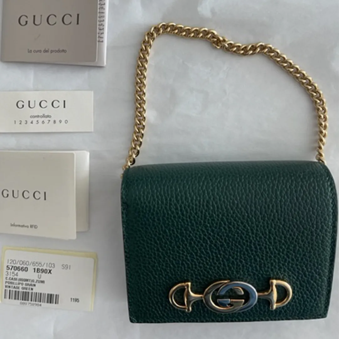 Gucci Zumi Chain Mini Bag Vintage Green Leather Card Case Gold Italy Handbag NEW
