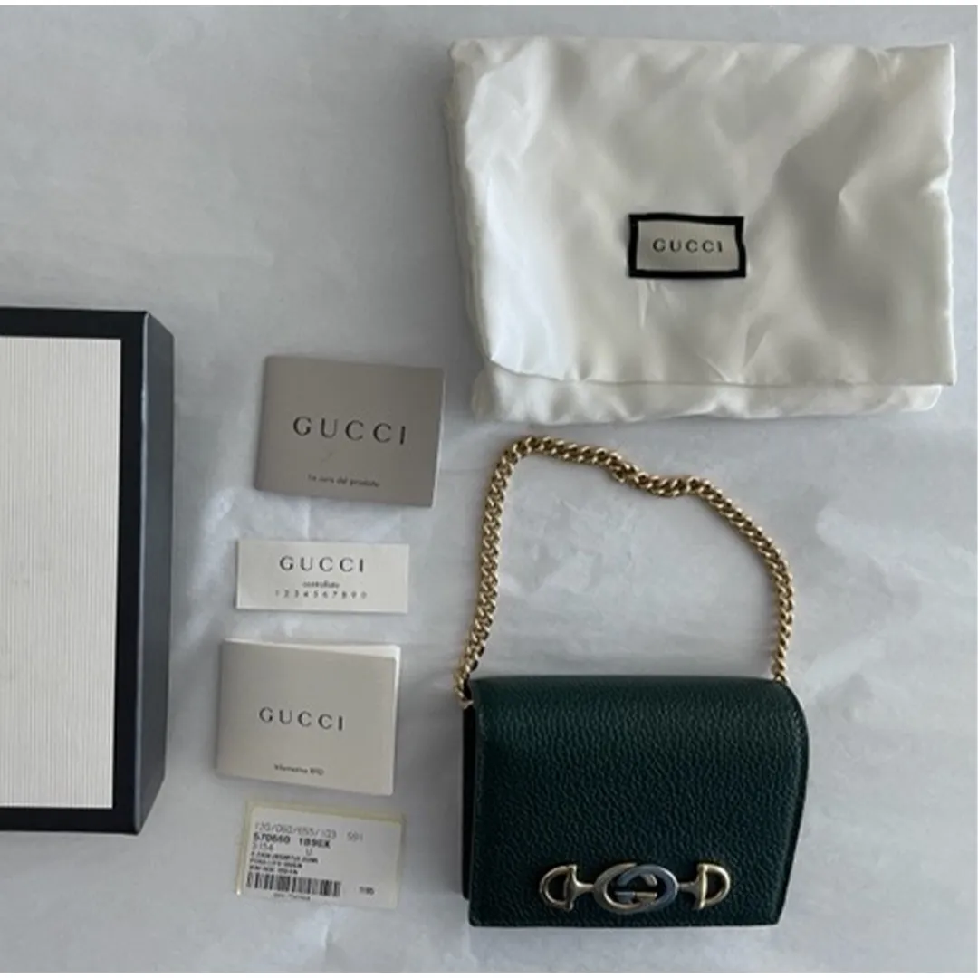Gucci Zumi Chain Mini Bag Vintage Green Leather Card Case Gold Italy Handbag NEW