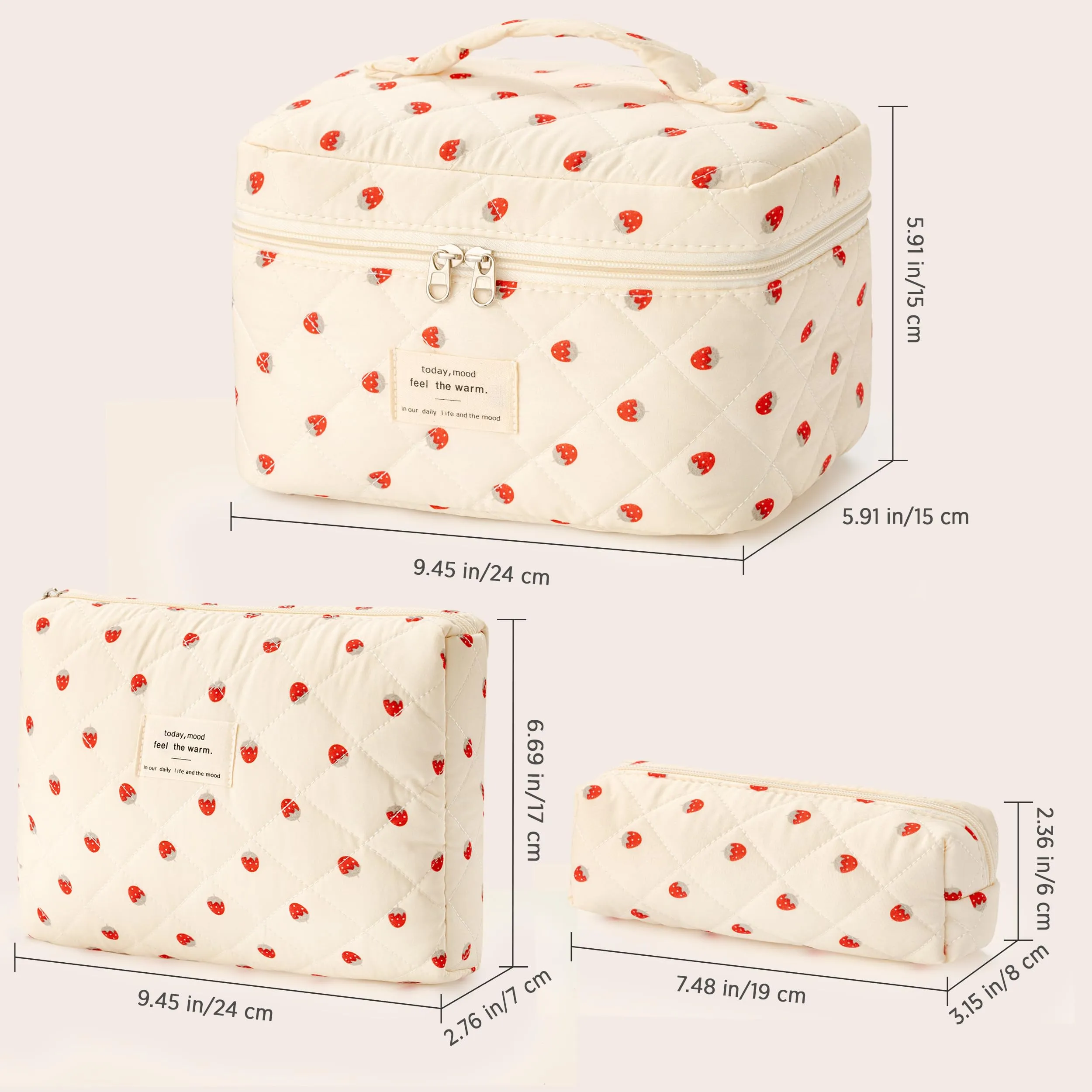 HBselect Quilted Makeup Bag, 3PCS Cotton Large Travel Makeup Bag, Cute Floral Coquette Make up Bag Cosmetic Bag Toiletry Bag for Women Girls