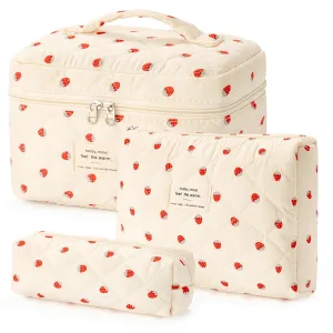 HBselect Quilted Makeup Bag, 3PCS Cotton Large Travel Makeup Bag, Cute Floral Coquette Make up Bag Cosmetic Bag Toiletry Bag for Women Girls