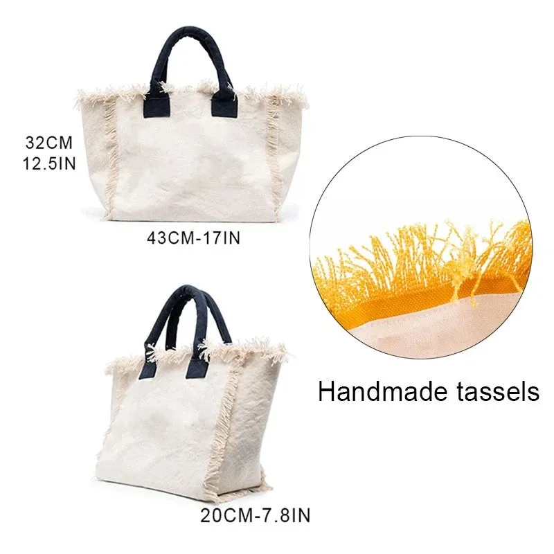 HPSP Handmade Bag, Summer New Simple Fashion Design Women's Tassels Dumpling Handbag Large Capacity Canvas Bag Beach Bag Luxury Brand Tote Bag.