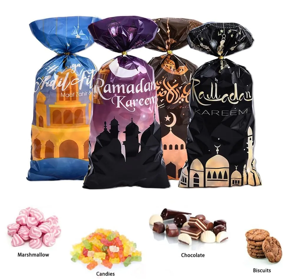 JENKEM Ramadan Candy Cookie Bags with Twist Ties - 50pcs Eid al Adha Treat Bags Party Supplies Favors Gift Candy Bags Package Eid Mubarak Goodie Bags Gift Wrap - Style B