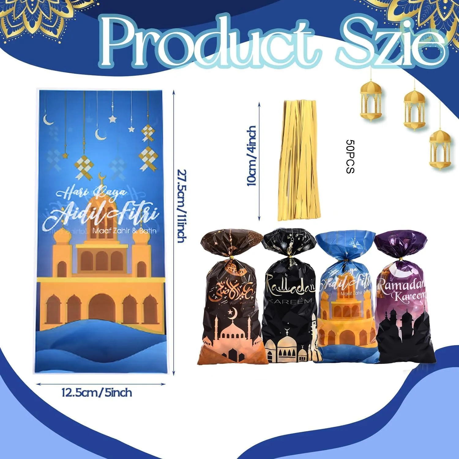 JENKEM Ramadan Candy Cookie Bags with Twist Ties - 50pcs Eid al Adha Treat Bags Party Supplies Favors Gift Candy Bags Package Eid Mubarak Goodie Bags Gift Wrap - Style B