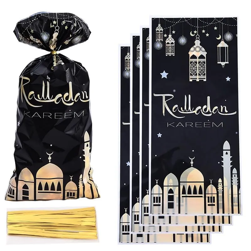 JENKEM Ramadan Candy Cookie Bags with Twist Ties - 50pcs Eid al Adha Treat Bags Party Supplies Favors Gift Candy Bags Package Eid Mubarak Goodie Bags Gift Wrap - Style B