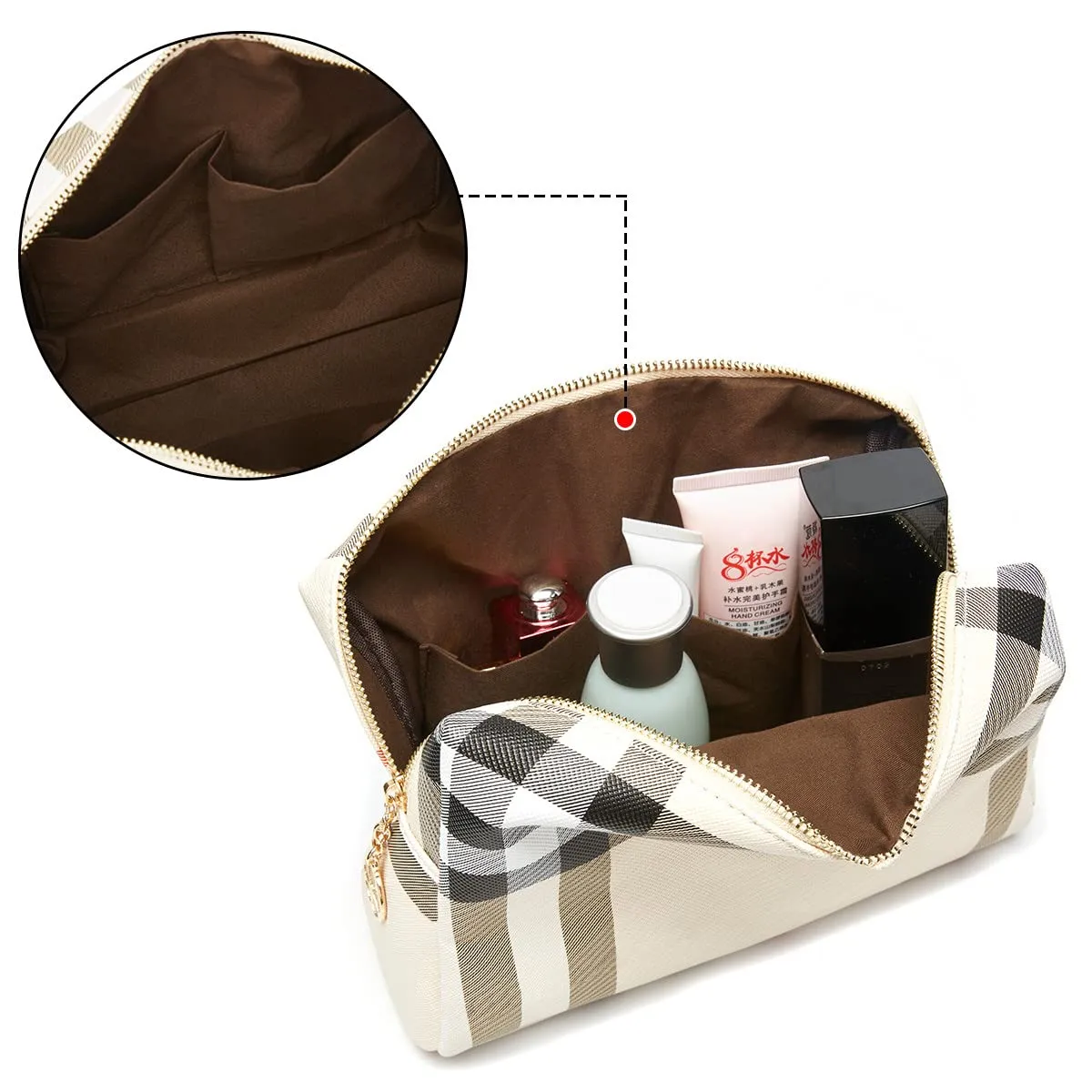 Jessyline Large Makeup Bag for Purse Luxury Women Cosmetic Bags Designer Make Up Pouch for Toiletry Travel Organizer (Beige)