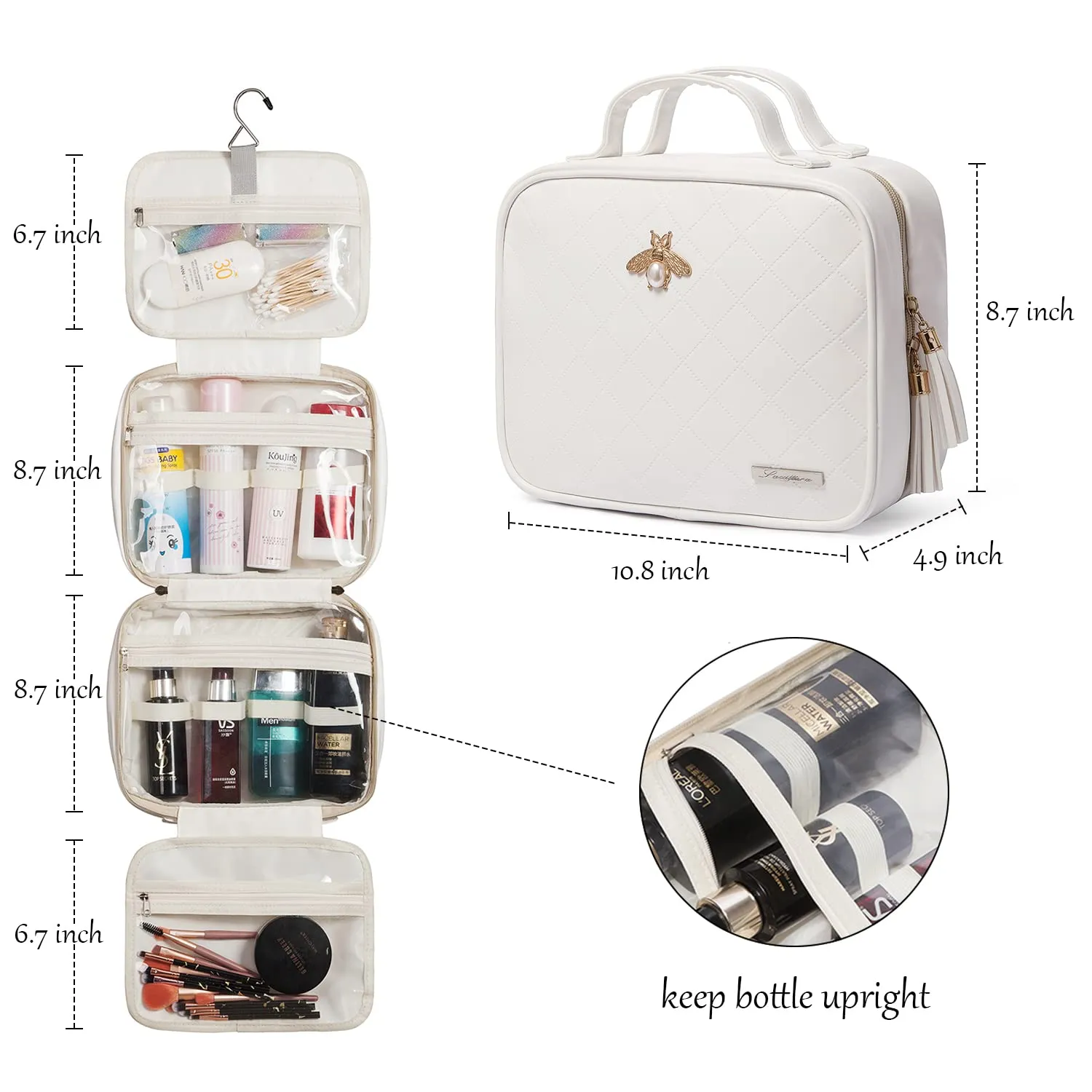 LACATTURA Hanging Toiletry Bag for Women, Leather Travel Makeup Bag, Large Cosmetic Organizer, 4 Layers Portable Waterproof Hygiene Bag, Bathroom Organizer for Shampoo, Make up, Personal Item, White