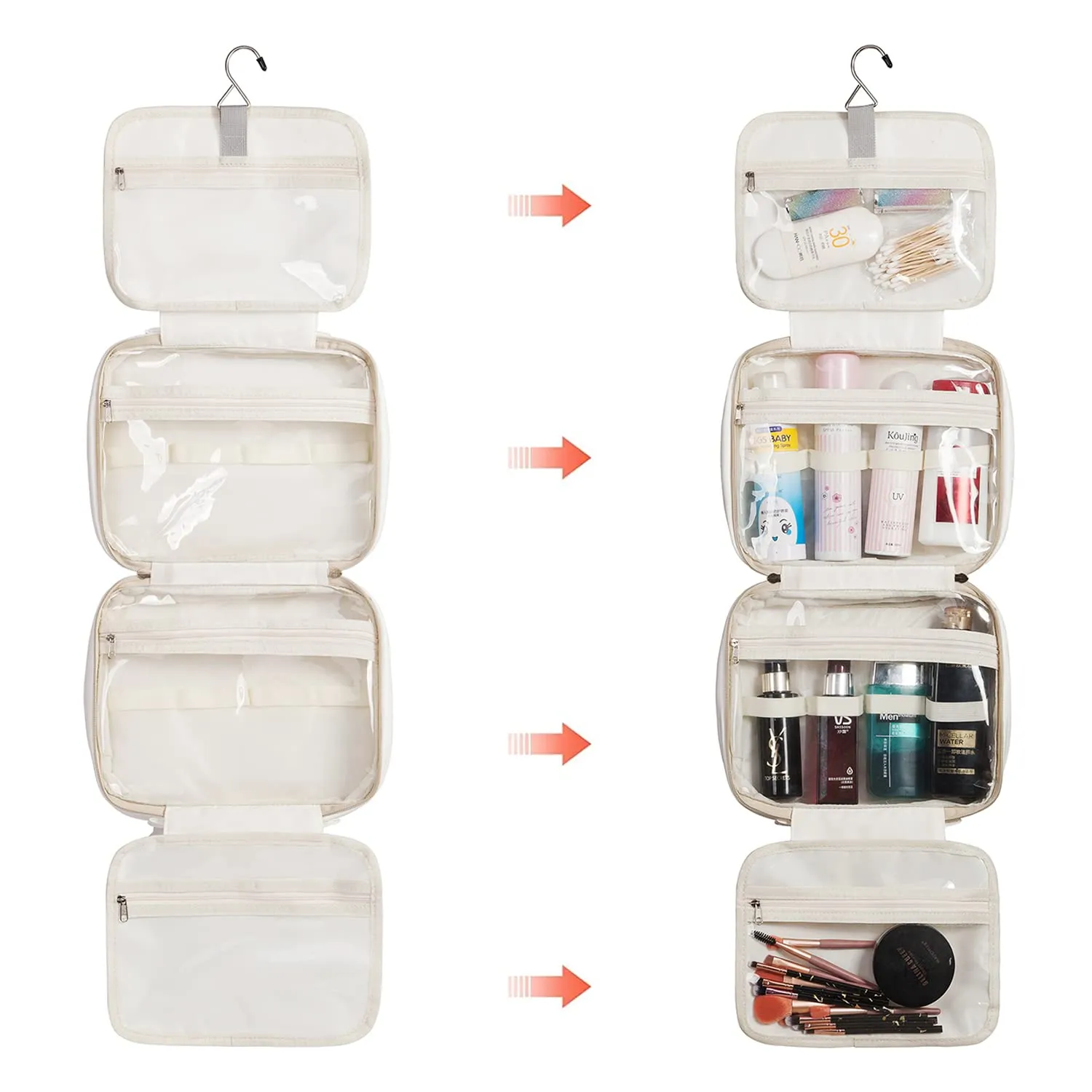 LACATTURA Hanging Toiletry Bag for Women, Leather Travel Makeup Bag, Large Cosmetic Organizer, 4 Layers Portable Waterproof Hygiene Bag, Bathroom Organizer for Shampoo, Make up, Personal Item, White