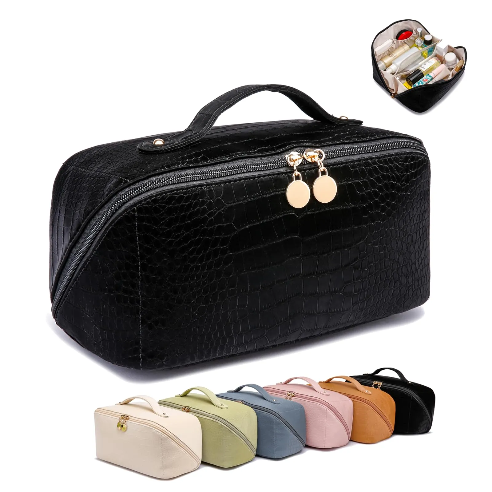 Large Capacity Travel Cosmetic Bag, Portable Leather Makeup Bags for Women, Travel Toiletry Bag Waterproof Leather Makeup Organizer Bag, Roomy Cosmetic Bag for Women and Girls