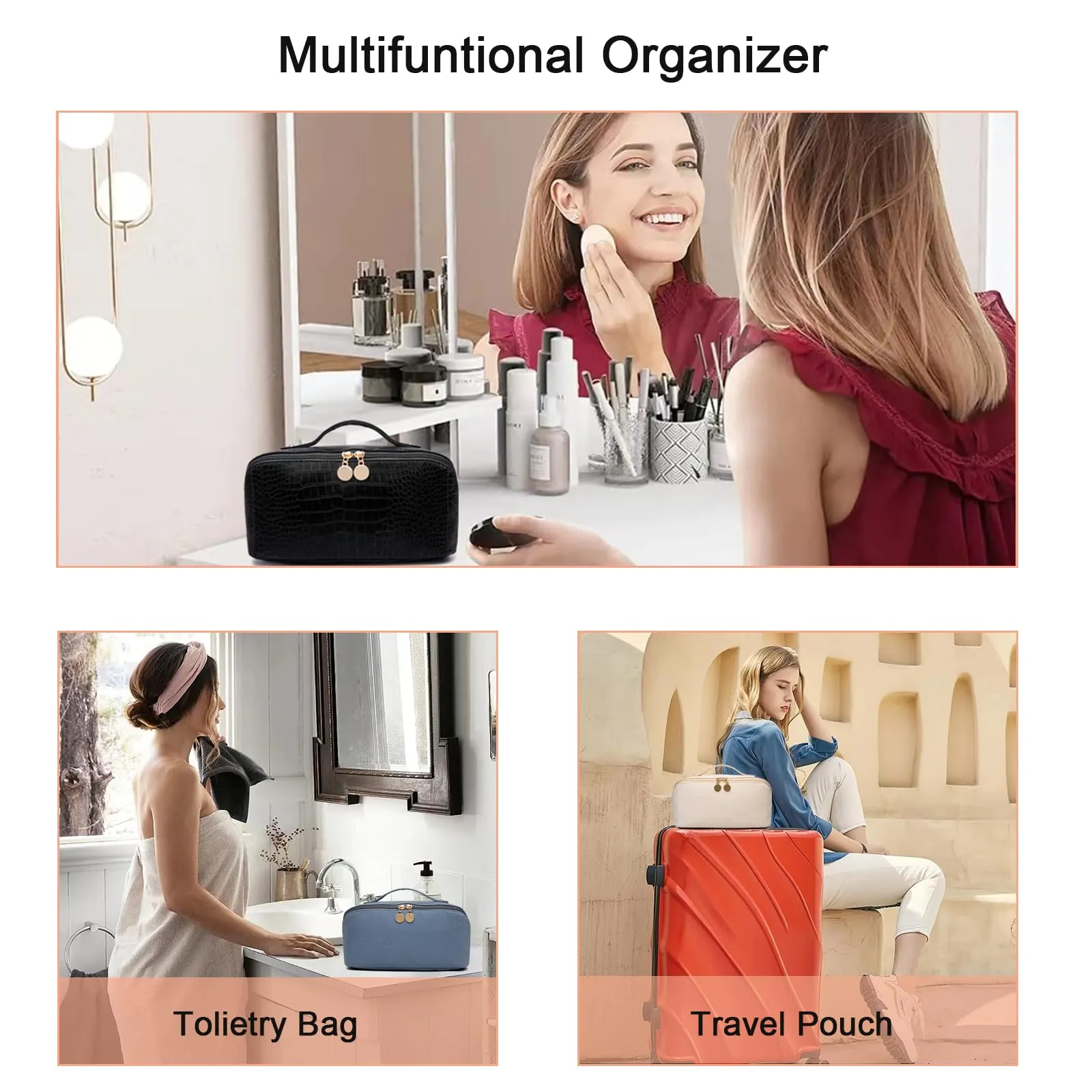 Large Capacity Travel Cosmetic Bag, Portable Leather Makeup Bags for Women, Travel Toiletry Bag Waterproof Leather Makeup Organizer Bag, Roomy Cosmetic Bag for Women and Girls