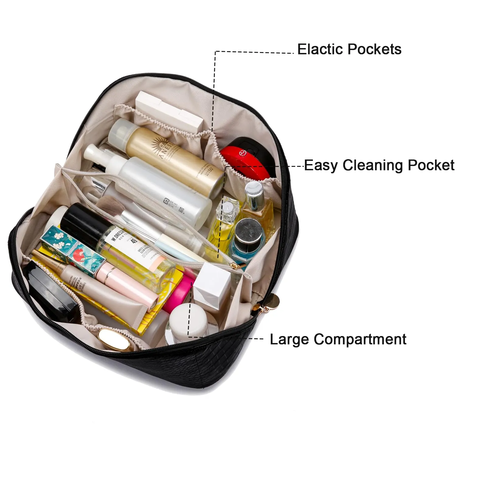 Large Capacity Travel Cosmetic Bag, Portable Leather Makeup Bags for Women, Travel Toiletry Bag Waterproof Leather Makeup Organizer Bag, Roomy Cosmetic Bag for Women and Girls