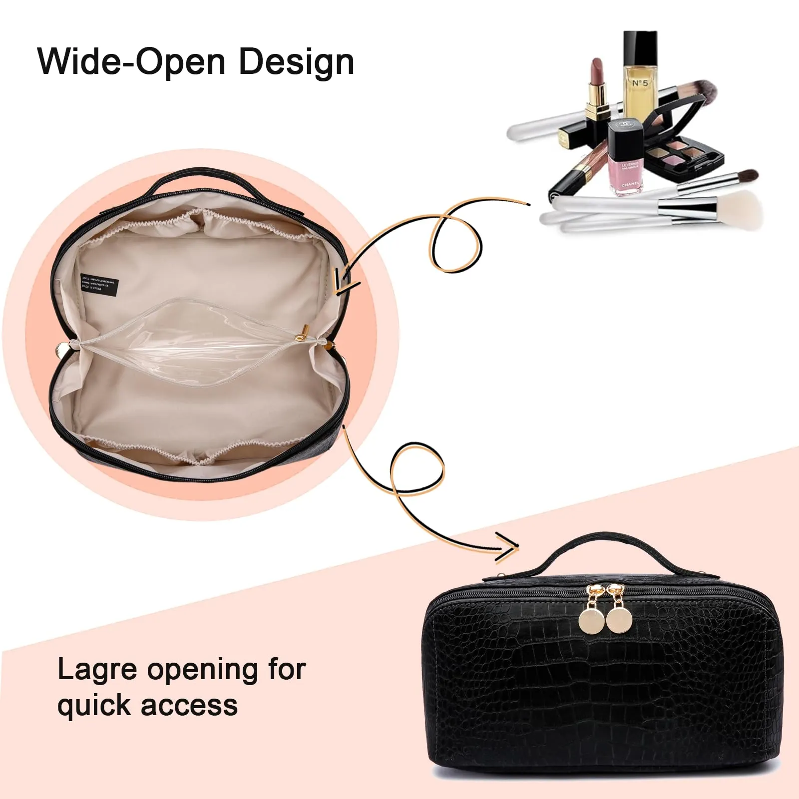 Large Capacity Travel Cosmetic Bag, Portable Leather Makeup Bags for Women, Travel Toiletry Bag Waterproof Leather Makeup Organizer Bag, Roomy Cosmetic Bag for Women and Girls