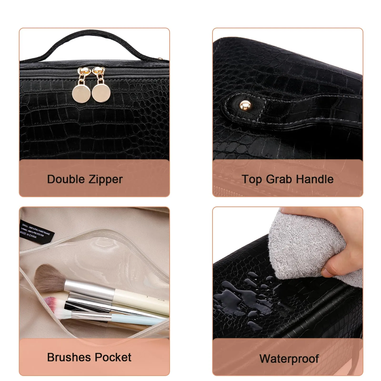 Large Capacity Travel Cosmetic Bag, Portable Leather Makeup Bags for Women, Travel Toiletry Bag Waterproof Leather Makeup Organizer Bag, Roomy Cosmetic Bag for Women and Girls