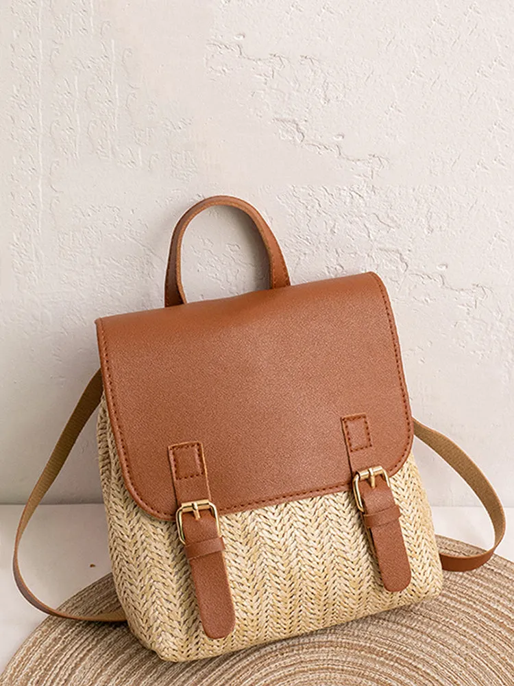 Leather Braided Flap Straw Backpack