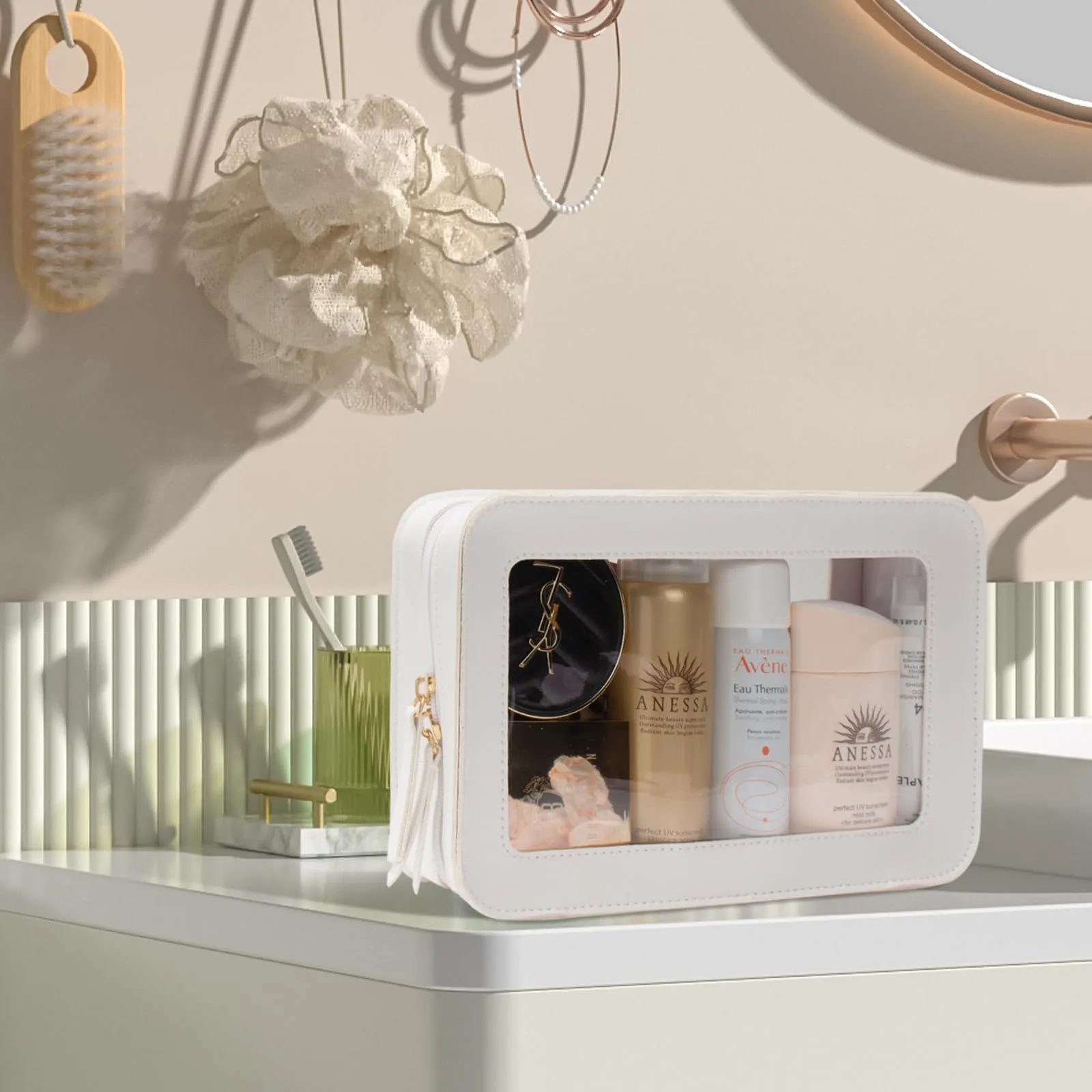 LETGO Clear Makeup Bag, TSA Approved Toiletry Organizer with Zipper, Fit Carry-on Travel Essentials, Cosmetic Bag for Women & Men (O-Beige)