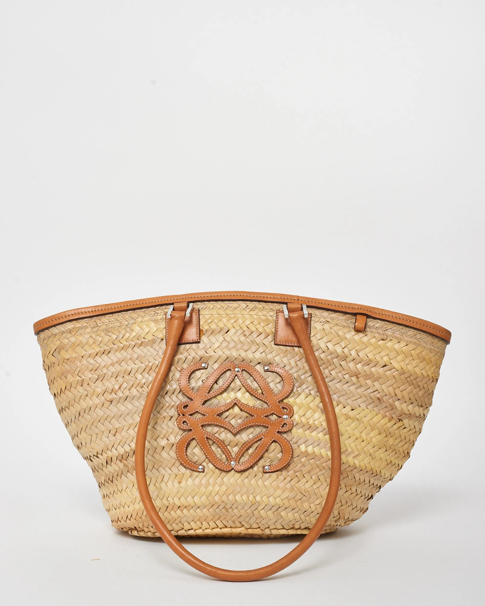 Loewe Vintage Beige Straw Anagram Logo Basket Bag W/ Pouch