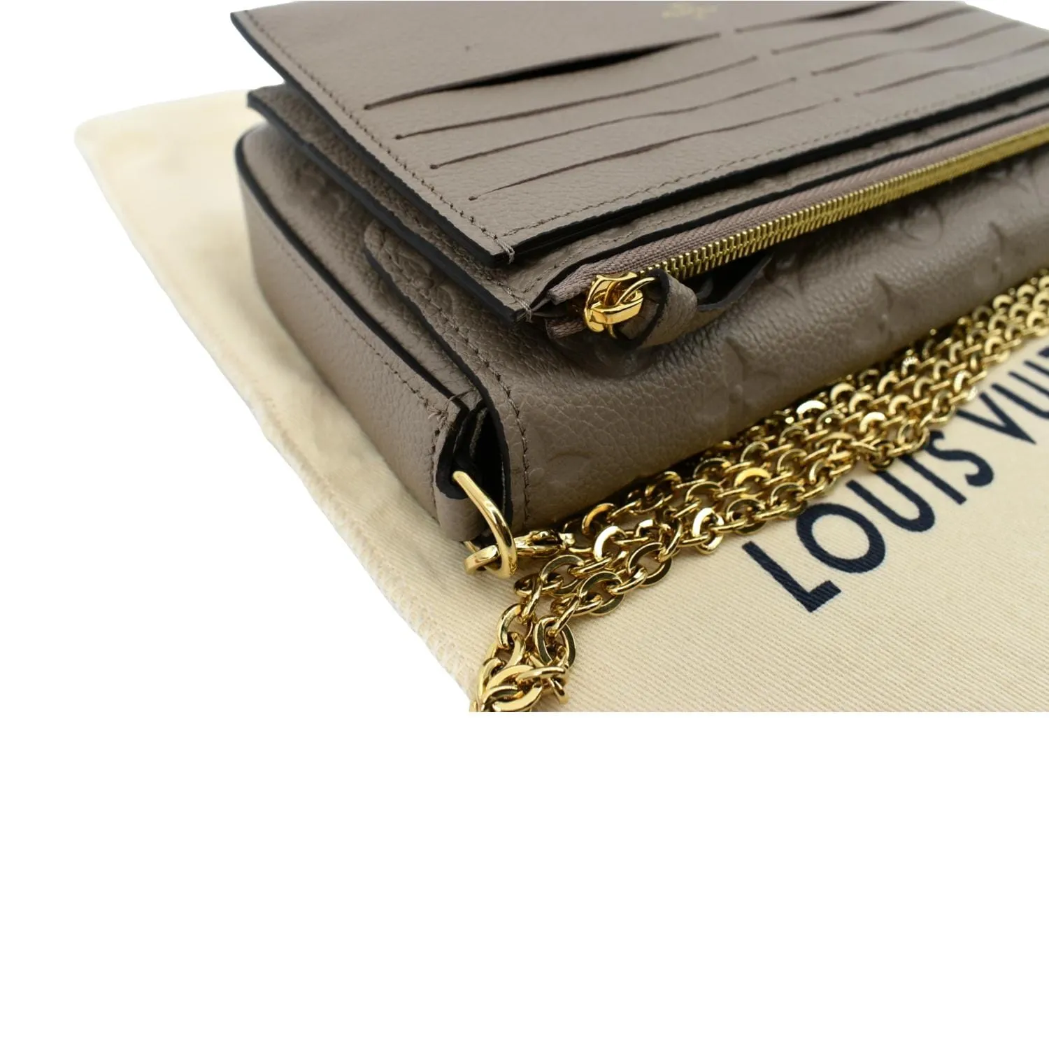 LOUIS VUITTON Pochette Felicie Monogram Empreinte Leather Chain Wallet Tourterelle
