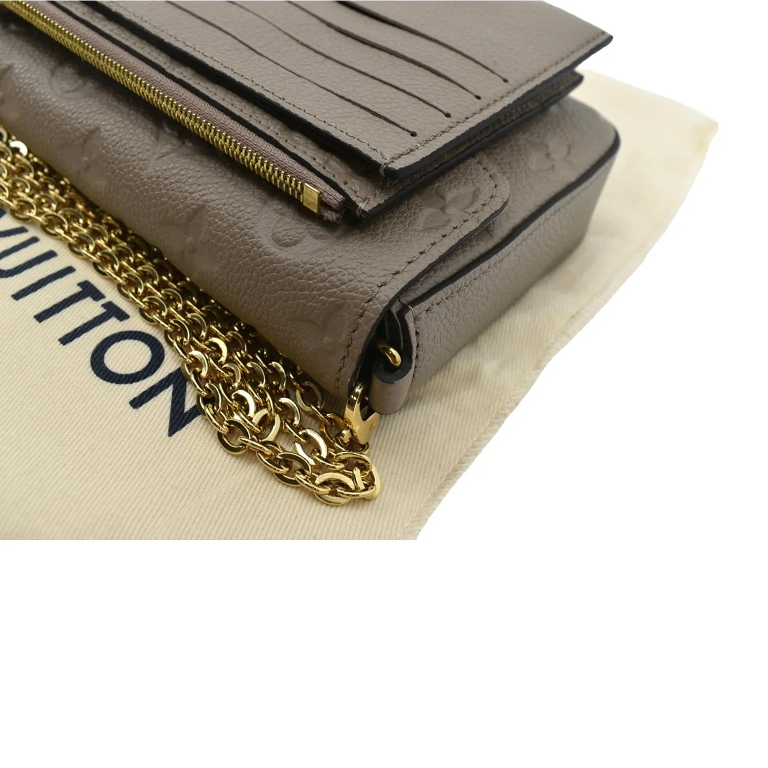 LOUIS VUITTON Pochette Felicie Monogram Empreinte Leather Chain Wallet Tourterelle