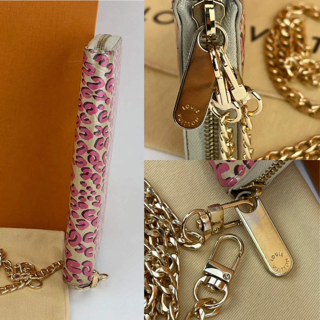 Louis Vuitton Wallet Zippy Stephan Sprouse Vernis Leopard W/Added Chain Crossbody Pre owned
