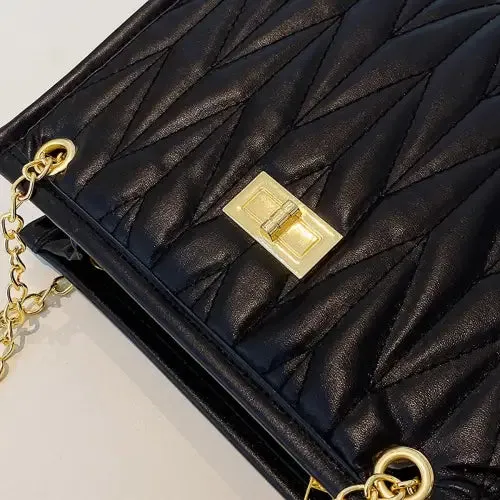 Luxe Black Leather Crossbody Bag with Gold Chain Elegance