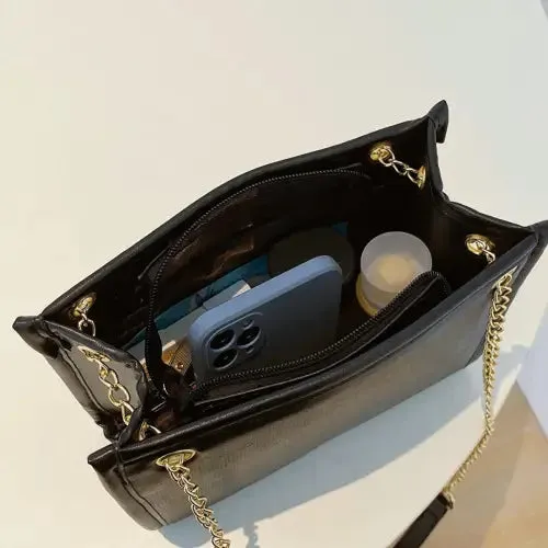 Luxe Black Leather Crossbody Bag with Gold Chain Elegance
