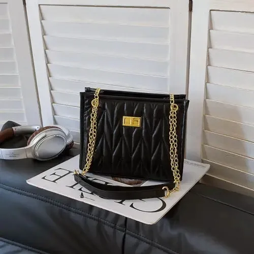Luxe Black Leather Crossbody Bag with Gold Chain Elegance