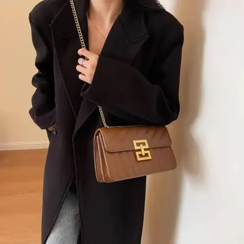Luxe Brown Leather Crossbody Bag with Gold Chain Elegance