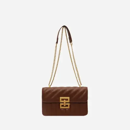 Luxe Brown Leather Crossbody Bag with Gold Chain Elegance