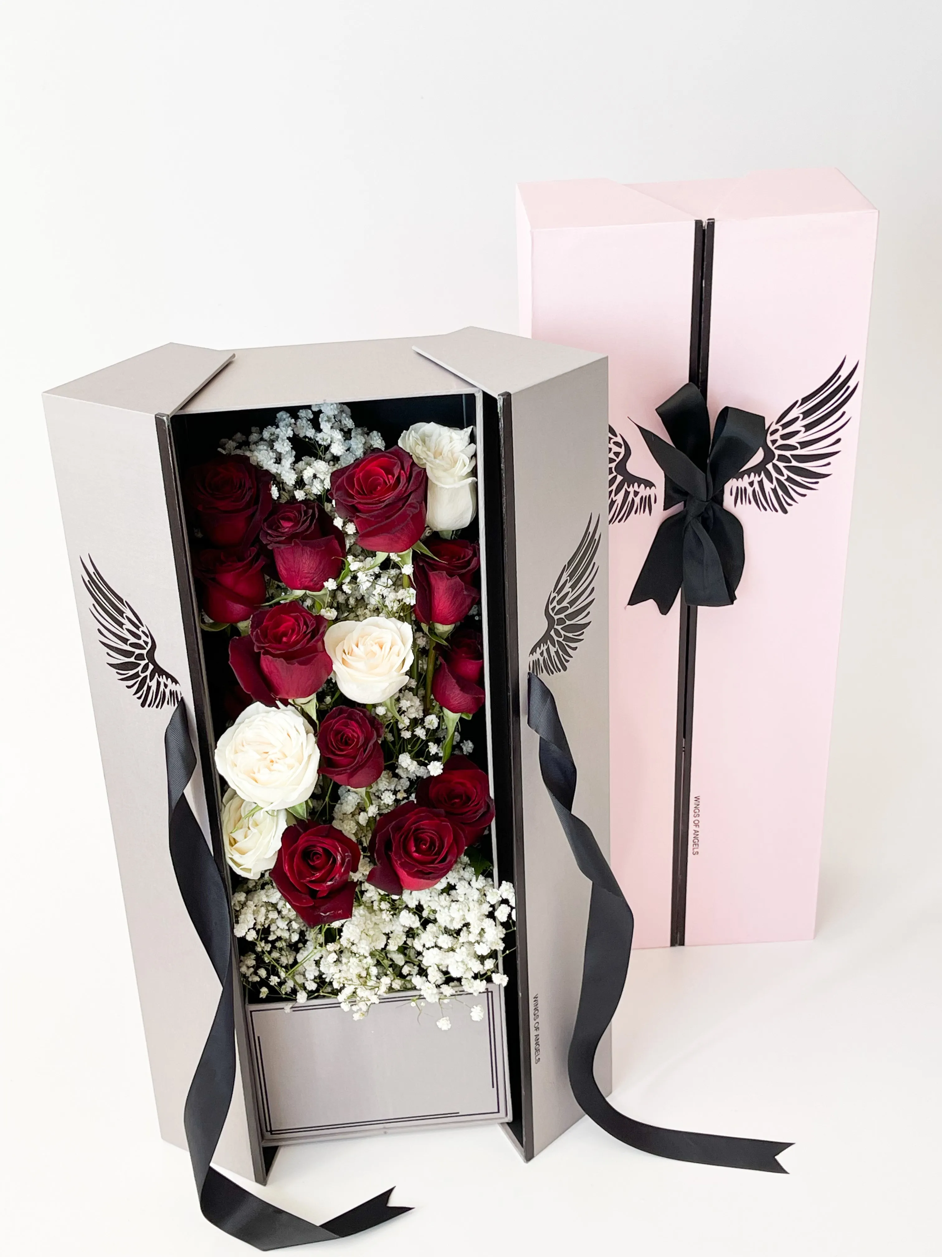 Luxury Tall Flower Box with Wings Pattern & Ribbon