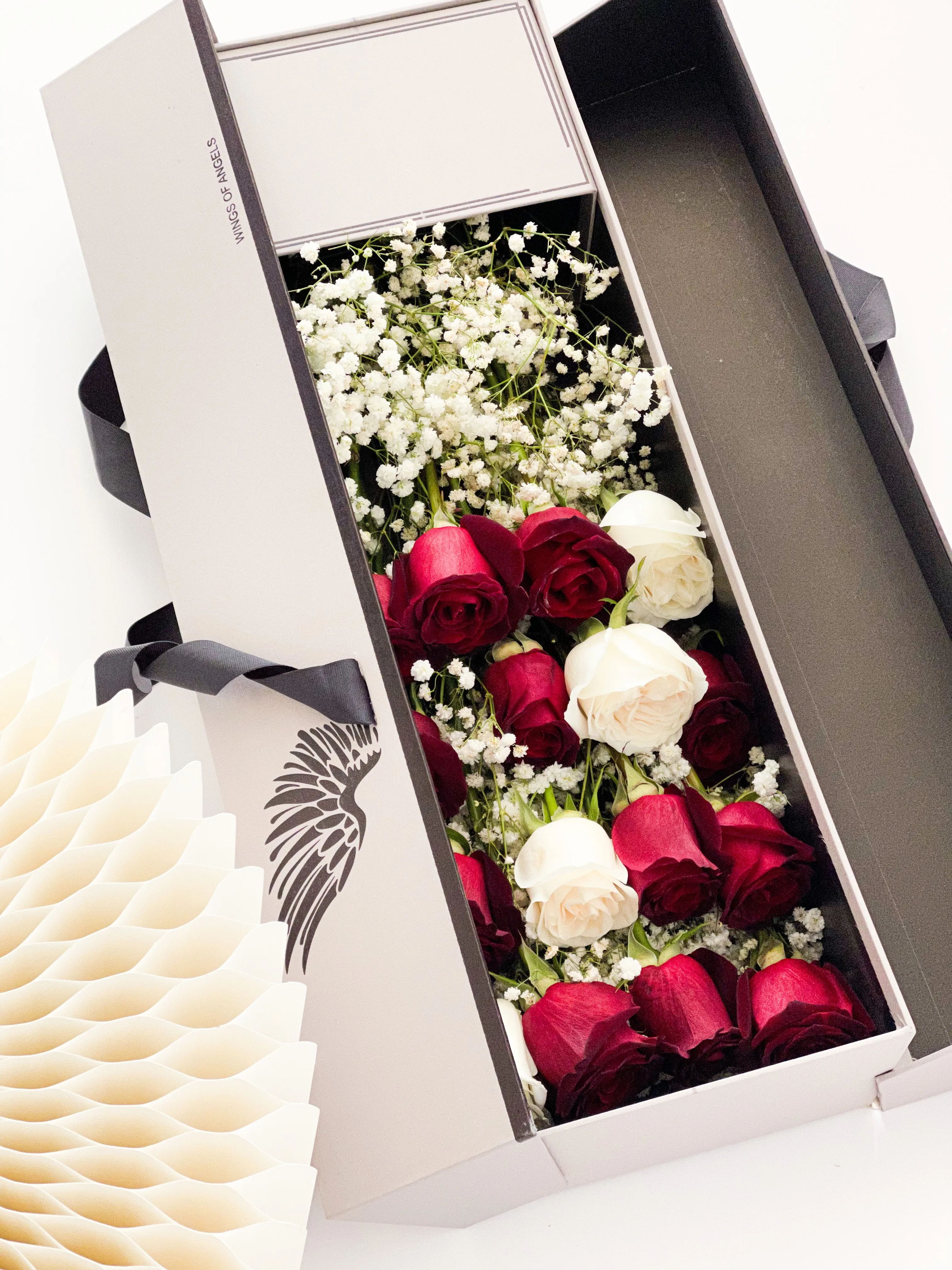 Luxury Tall Flower Box with Wings Pattern & Ribbon