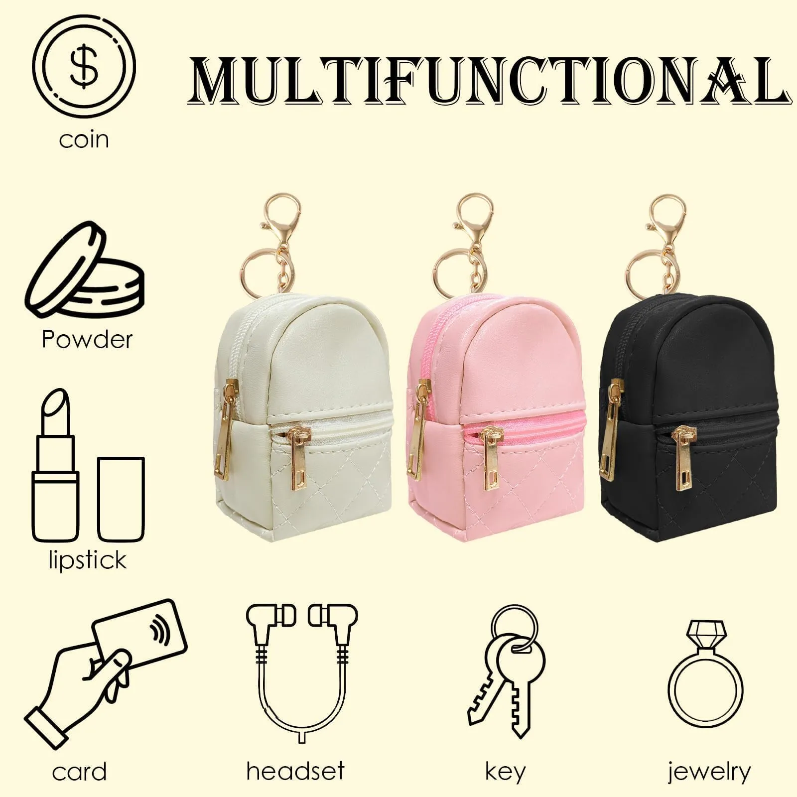 LYDZTION 3Pcs Mini Backpack Cute Cosmetic Bag for Women,PU Leather Makeup Bag Key Pocket Lipstick Bag Card Holder Data Cable Organizer Zipper Pouch,Black Beige Pink