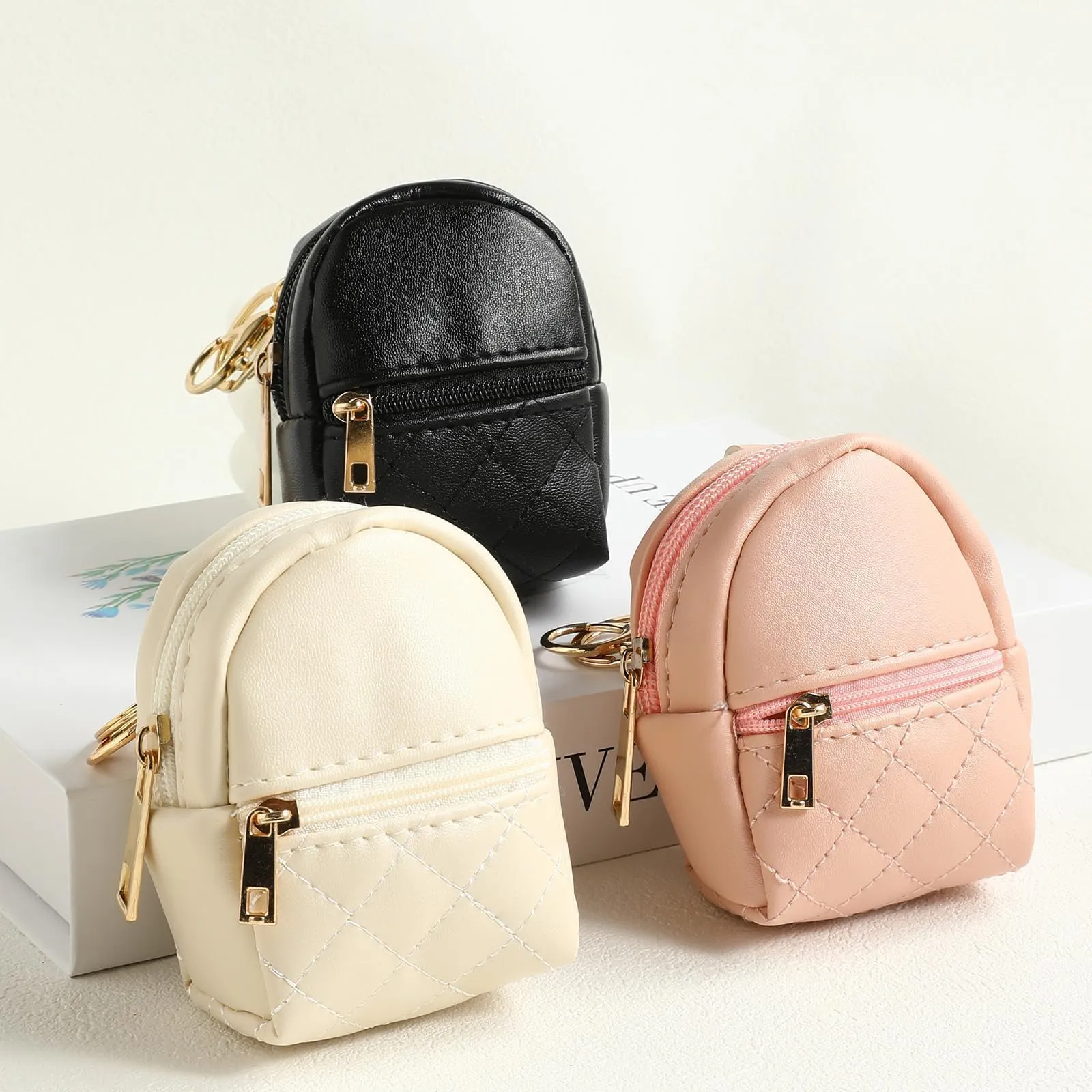 LYDZTION 3Pcs Mini Backpack Cute Cosmetic Bag for Women,PU Leather Makeup Bag Key Pocket Lipstick Bag Card Holder Data Cable Organizer Zipper Pouch,Black Beige Pink