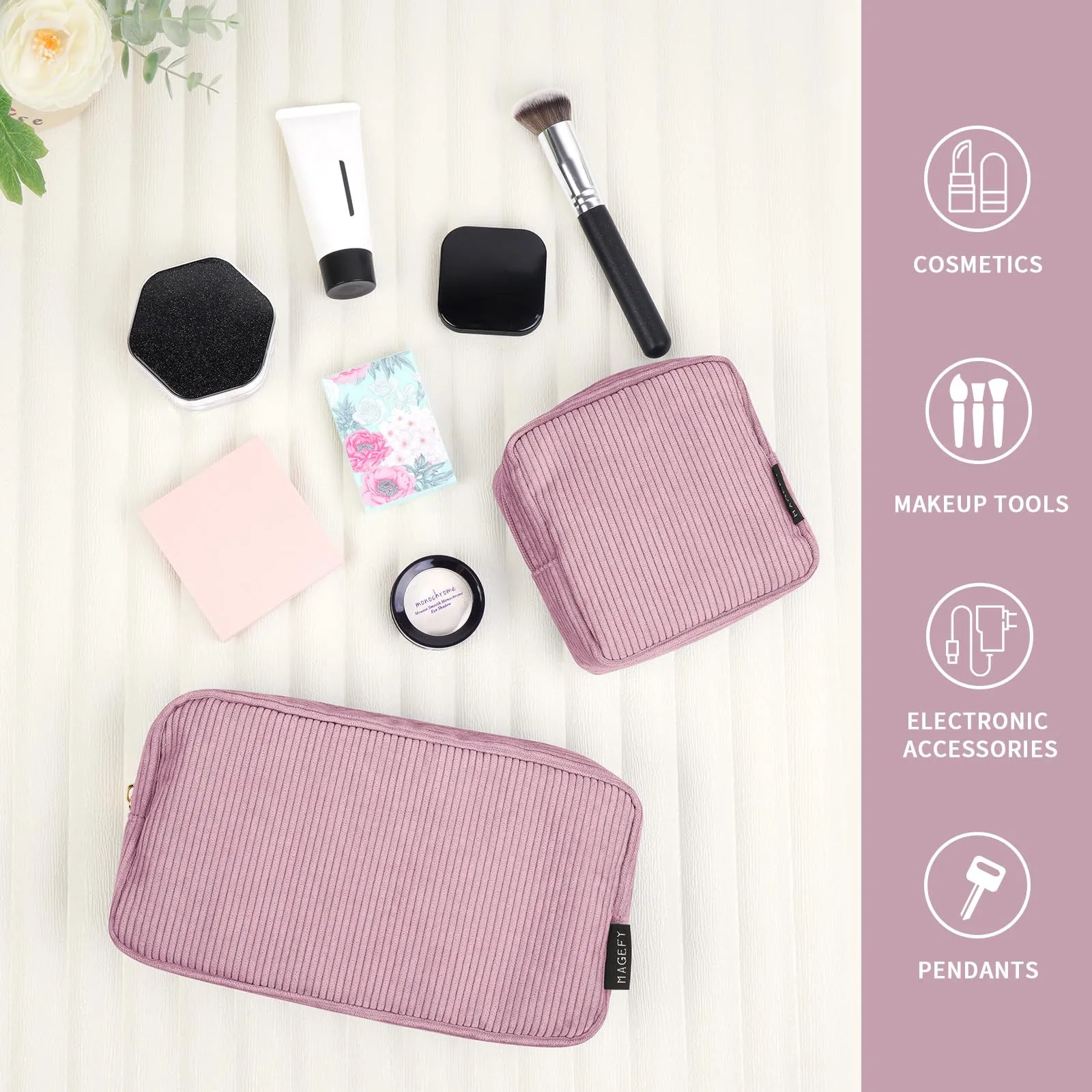 MAGEFY Small Makeup Bag for Purse Mini Cosmetics Bag Corduroy Cute Cosmetic Pouch for Women with Slip-in Pockets (Pink)